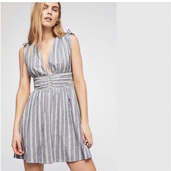 Free People Linen ‘Roll the Dice’ Striped Fit Flare Plunge Neck Flare Mini Dress - Picture 1 of 15